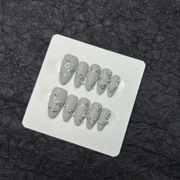 Qfdian 10 Pcs Handmade Press On Nails Long Almond Gray Matte Luxury Pearl Decor Wearable Artificial Full Cover Fake Nails y2k